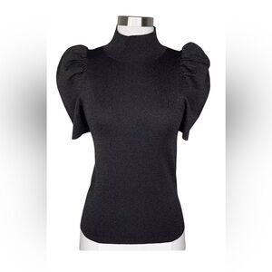 Womens Alice + Olivia Metallic Black Mock Neck Short Puff Sleeve Top S $375